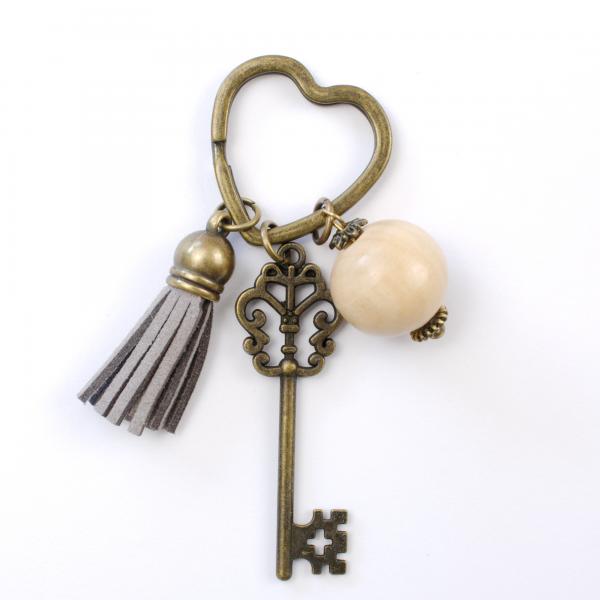 Vintage Schlüsselanhänger mit Holzperle, bronze