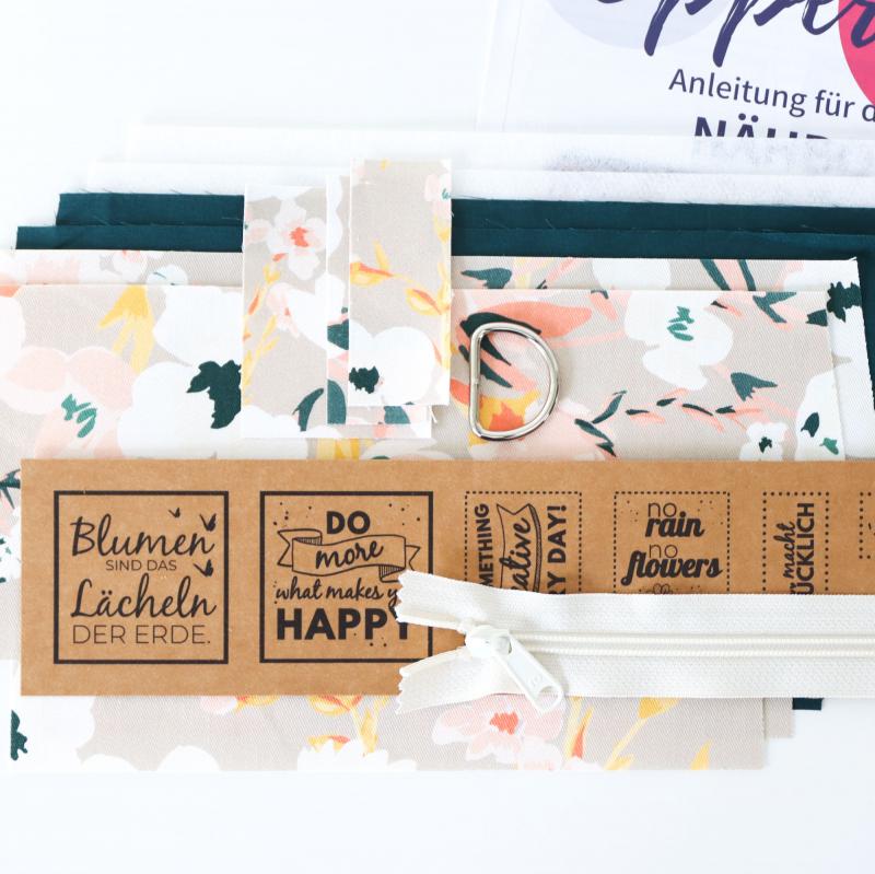 Nähset Zipperbag - Blumen korall inkl. Labelset 'Floral'